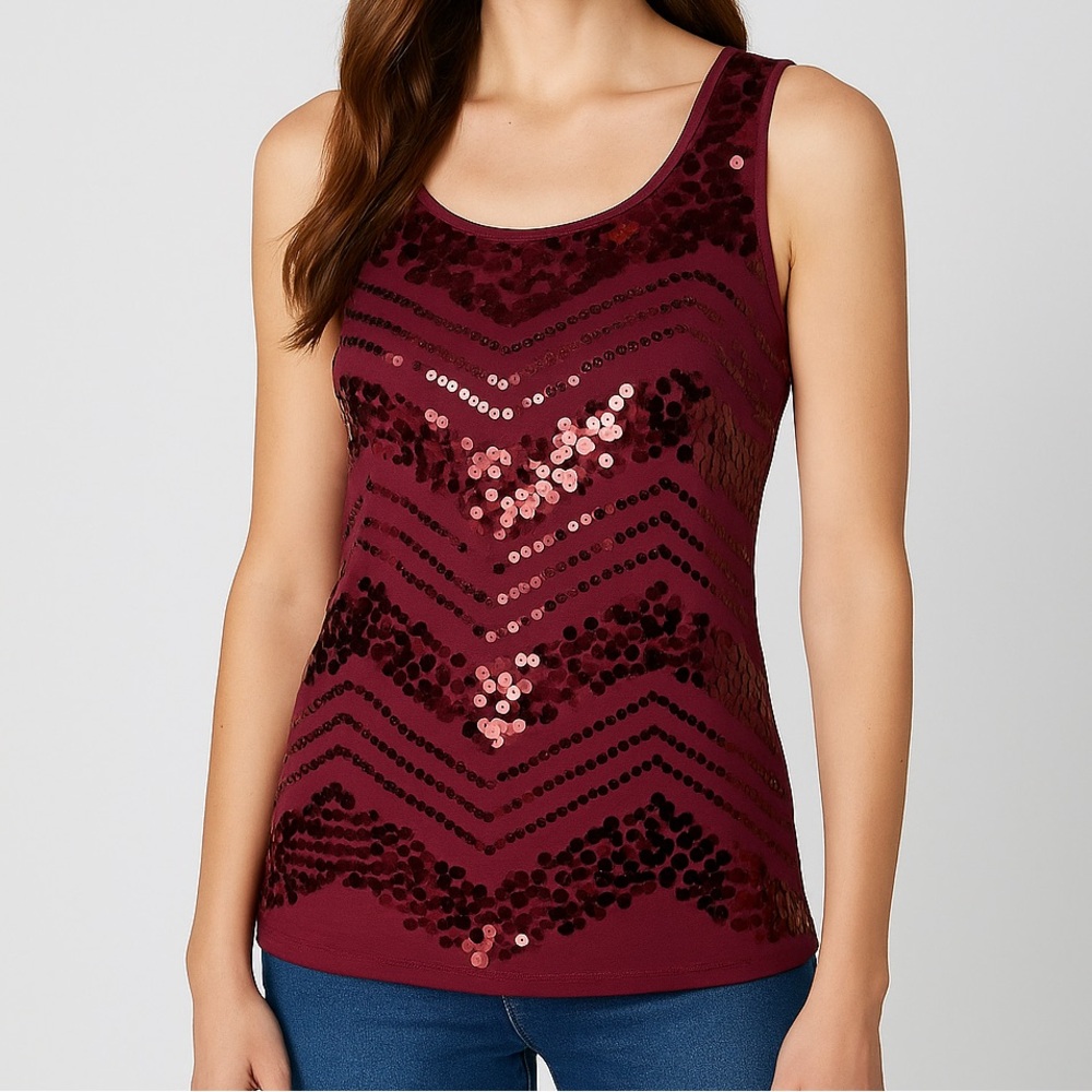 Cato Burgundy Maroon Sequin Tank Top M Medium Shimmer Knit Stretch Party Blouse